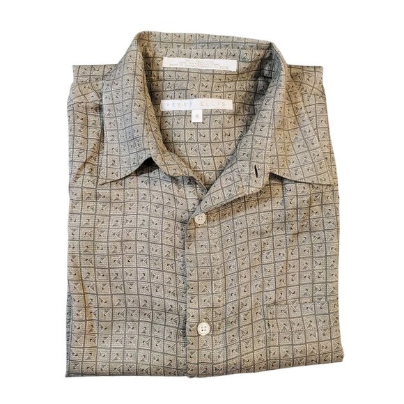 PERRY ELLIS Mens Silk Shirt Size Medium Beige Patterned Short Sleeve Button Up - Picture 1 of 6